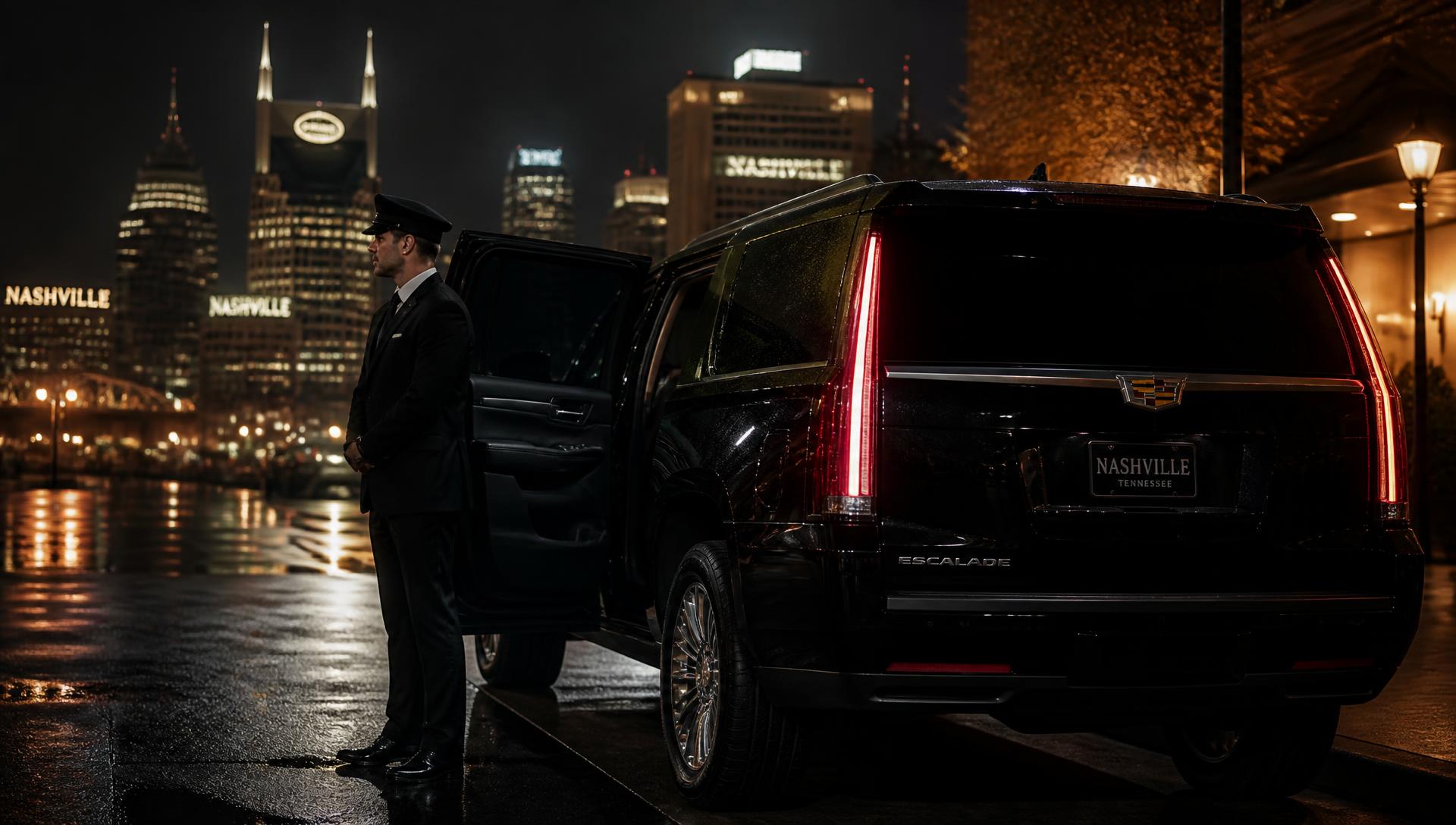 Chauffeur beside a black luxury SUV with the Nashville skyline at night